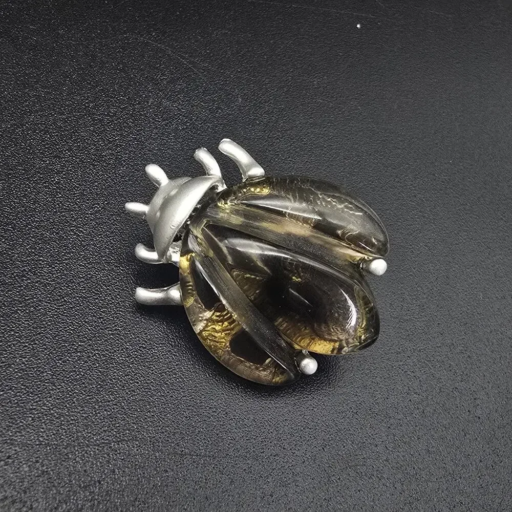 Gray Brown Lucite Bug Brooch Beetle Insect Jewelry Vintage Costume Jewelry